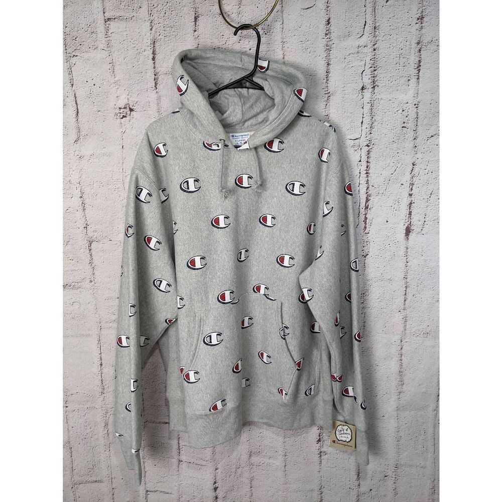 Champion Logo All Over Reverse Weave Hoodie Sweatshirt Gray XL Extra Large New R